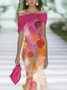 Damen Abstrakt Flügelärmel Sommer Print Kleid Schulterfrei Täglich Retro Maxikleid H-Linie Kleid