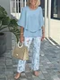 Damen Gestreift Bell-Ärmel Zweiteiliges Set Urlaub Dreiviertelärmel Retro Frühling/Herbst Bluse mit Hose Matching Set