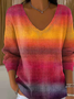 Damen Farbverlauf Frühling/Herbst Lässig Langarm V-Ausschnitt Baumwolle Pullover
