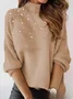 Damen Unifarben Perlen Winter Straße Langarm Rundhals Pullover