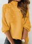 Damen Unifarben Perlen Winter Straße Langarm Rundhals Pullover