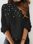 Damen Unifarben Perlen Winter Straße Langarm Rundhals Pullover