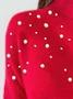 Damen Unifarben Perlen Winter Straße Langarm Rundhals Pullover