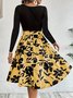 Damen Geblümt Langarm Frühling/Herbst Print Kleid Rundhals Täglich Retro Mini Tanktop A-Linien-Kleid