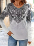 Damen Ethnisch Langarm T-Shirts T-Shirt V-Ausschnitt Print Lässig Frühling/Herbst T-Shirt mit Grafik Oberteile