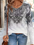 Damen Ethnisch Langarm T-Shirts T-Shirt V-Ausschnitt Print Lässig Frühling/Herbst T-Shirt mit Grafik Oberteile