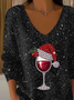 Damen Weihnachten Langarm T-Shirts T-Shirt V-Ausschnitt Print Lässig Frühling/Herbst Oberteile