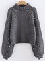 Damen Unifarben Perlen Winter Straße Ballon-Ärmel Langarm Mock Neck Baumwollmischung Pullover