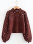Damen Unifarben Perlen Winter Straße Ballon-Ärmel Langarm Mock Neck Baumwollmischung Pullover