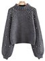 Damen Unifarben Perlen Winter Straße Ballon-Ärmel Langarm Mock Neck Baumwollmischung Pullover