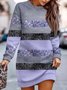 Damen Gestreift Langarm Frühling/Herbst Print Kleid Rundhals Täglich Retro Mini Hüftrock A-Linien-Kleid
