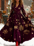 Damen Weihnachten Langarm Frühling/Herbst Kleid V-Ausschnitt Urlaub Retro Maxikleid A-Linien-Kleid