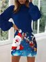 Damen Weihnachtsschneemann Langarm Frühling/Herbst Print Kleid Rundhals Ballon-Ärmel Täglich Lässig Midi Hüftrock A-Linien-Kleid