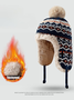 Winter Gestrickt Verdickt mit Vlies-Futter Kragen Schutz Warm Jacquard Muster Vielseitig Lässig Ohr-Abdeckung Hut