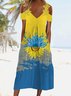 Urlaub Farbblock Sonnenblume Kurzarm Stricken Kleid