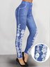 Geblümt Weit Lässig Blume Faux Denim 3D-Druck  Hohe Taille Lässig Dünn Lang Leggings