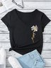 V-Ausschnitt Gänseblümchen Buchstabe & Blumenmuster Lässig T-Shirt