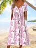 Damen Geblümt Sommerkleid Geknöpft Urlaub Kurzarm Midi Kleider
