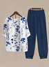 Damen Geblümt Schnalle Zweiteiliges Set Täglich Dreiviertelärmel Lässig Frühling/Herbst Bluse mit Hose Matching Set