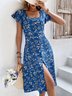 Damen Geblümt Elegante Sommerkleid Rüschenärmel Karree-Ausschnitt Urlaub Midikleid