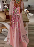 Elegant V-Ausschnitt Farbverlauf Weit Damen Langarm V-Ausschnitt Blumenmuster Zweiteiliges Kleid