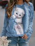 Damen Rundhals Katze Lässig Frühling/Herbst Langarm Sweatshirt