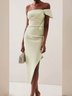 Damen Ärmellos Sommer Unifarben Gerüscht Kleid U-Boot-Ausschnitt Date Ausgehen Urban Midi H-Linie Grün