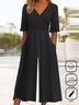 Damen Unifarben V-Ausschnitt Kurzarm Lässig Sommer Baumwolle Jumpsuit