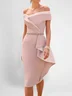 Fehaute Damen Kurzarm Sommer Unifarben Gerüscht Kleid Schulterfrei Cocktail Ausgehen Urban Midi Hauteng Pink