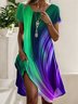 Damen Kurzarm Sommer Farbblock Print Kleid Rundhals Täglich Ausgehen Retro Midi H-Linie T-Shirt-Kleid Grün