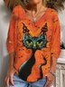 Damen Langarm T-Shirts T-Shirt Frühling/Herbst Katze Print Jersey V-Ausschnitt Urlaub Ausgehen Retro Oberteile