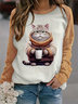 Damen Rundhals Katze Print Lässig Frühling/Herbst Langarm Sweatshirt