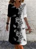 Damen Langarm Sommer Geblümt Jersey Kleid V-Ausschnitt Täglich Ausgehen Lässig Midi A-Linien Tunika