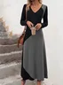 Damen Langarm Frühling/Herbst Farbblock Kleid V-Ausschnitt Urlaub Ausgehen Retro Maxikleid T-Shirt-Kleid A-Linien-Kleid