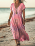 Damen Kurzarm Sommer Batik Print Kleid V-Ausschnitt Täglich Ausgehen Lässig Maxikleid T-Shirt-Kleid H-Linie Kleid
