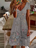 Damen Geblümt Kurzarm Sommer Print Kleid V-Ausschnitt Täglich Lässig Knielänge T-Shirt-Kleid H-Linie Kleid