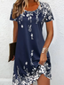 Damen Geblümt Kurzarm Sommer Print Kleid Rundhals Täglich Lässig Mini Tunika H-Linie Kleid
