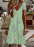Damen Geblümt Kurzarm Sommer Print Kleid V-Ausschnitt Täglich Lässig Knielänge T-Shirt-Kleid H-Linie Kleid