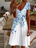 Damen Geblümt Kurzarm Sommer Print Kleid V-Ausschnitt Täglich Lässig Knielänge T-Shirt-Kleid H-Linie Kleid