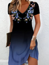Damen Geblümt Kurzarm Sommer Print Kleid V-Ausschnitt Täglich Lässig Knielänge T-Shirt-Kleid H-Linie Kleid