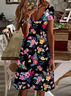 Damen Geblümt Kurzarm Sommer Print Kleid V-Ausschnitt Täglich Lässig Knielänge T-Shirt-Kleid H-Linie Kleid