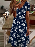 Damen Geblümt Kurzarm Sommer Print Kleid V-Ausschnitt Täglich Lässig Knielänge T-Shirt-Kleid H-Linie Kleid