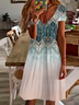 Damen Geblümt Kurzarm Sommer Print Kleid V-Ausschnitt Täglich Lässig Knielänge T-Shirt-Kleid H-Linie Kleid