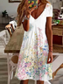 Damen Geblümt Kurzarm Sommer Print Kleid V-Ausschnitt Täglich Lässig Knielänge T-Shirt-Kleid H-Linie Kleid