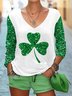 Damen Langarm T-Shirts T-Shirt Frühling/Herbst Kleeblatt Print V-Ausschnitt Lässig T-Shirt mit Grafik Oberteile