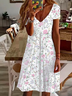 Damen Geblümt Kurzarm Sommer Print Kleid V-Ausschnitt Täglich Lässig Knielänge T-Shirt-Kleid H-Linie Kleid