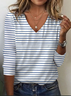 Damen Gestreift Langarm T-Shirts T-Shirt V-Ausschnitt Print Lässig Frühling/Herbst T-Shirt mit Grafik Oberteile
