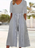 Damen Gestreift V-Ausschnitt Halbarm Lässig Sommer Jumpsuit