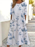 Damen Geblümt Kurzarm Sommer Print Kleid Rundhals Täglich Lässig Maxikleid Etuikleid H-Linie Kleid