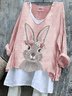 Damen OSTERN (Kaninchen) Langarm T-Shirts T-Shirt V-Ausschnitt Retro Frühling/Herbst Oberteile